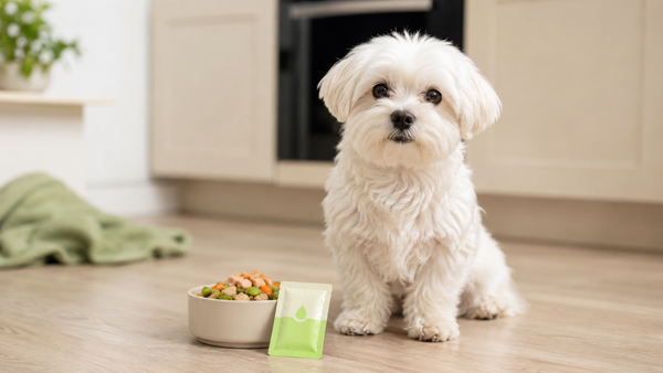 White Maltese sitting beside a fresh meal bowl and Plentum supplement sachet in a bright calm kitchen, illustrating whether dog probiotics actually work