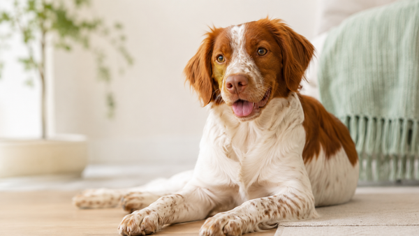 Healthy Brittany Spaniel resting in a warm calm home, illustrating a science-first look at whether dog supplements help with allergies