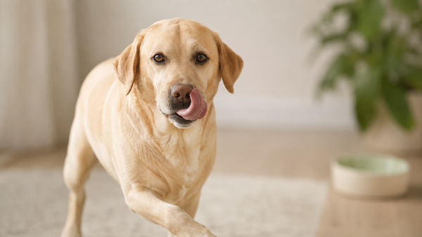 Healthy yellow Labrador Retriever cooling off and licking its nose in a warm home, illustrating how dogs regulate body heat