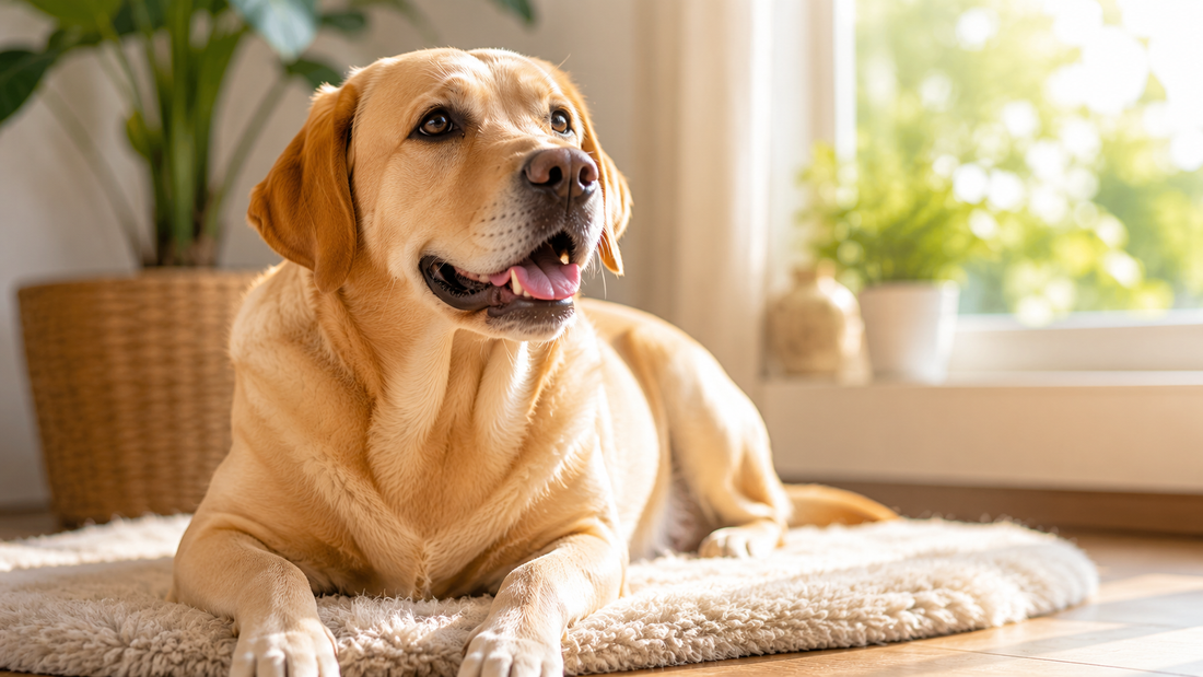 A labrador with a glossy healthy coat resting by a sunlit window — the dog gut-skin axis and allergies