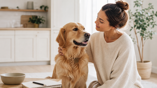 Calm dog and owner in a bright home setting for gut-brain wellness