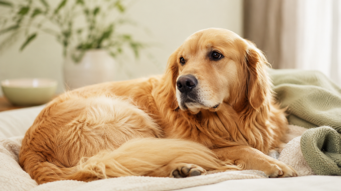 Calm Golden Retriever curled on a soft blanket in warm lamplight, soothed and relaxed during Halloween anxiety