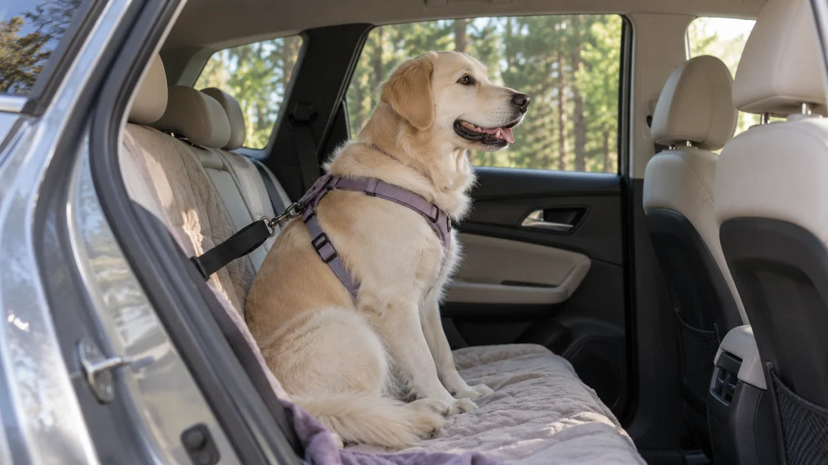 Cream dog wearing a harness on the back seat of a parked car.
