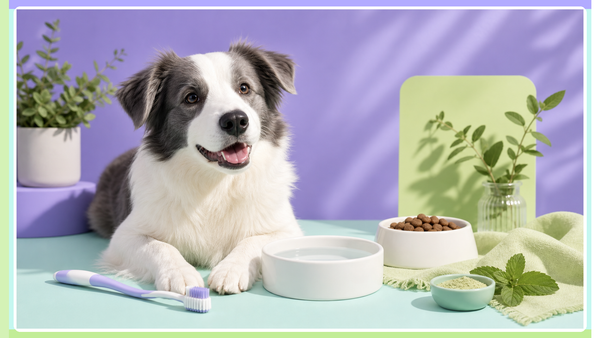 Dog beside a toothbrush, water bowl, herbs, and kibble in Plentum brand colors for a bad-breath routine guide.