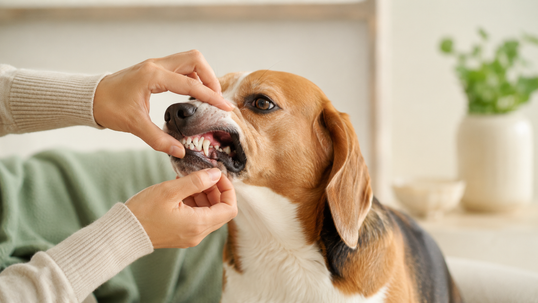 Owner gently lifting a Beagle's lip to reveal clean teeth and fresh gums, illustrating dog bad breath and oral care