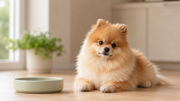 Pomeranian resting comfortably on a clean floor near its water bowl, calm and settled — dog bloated stomach causes, warning signs, and what to do