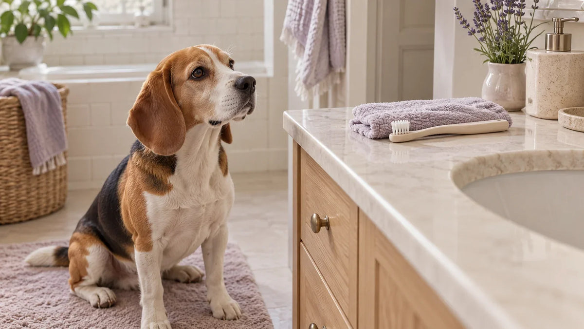 Beagle beside a low bathroom counter with a plain dog toothbrush and towel.