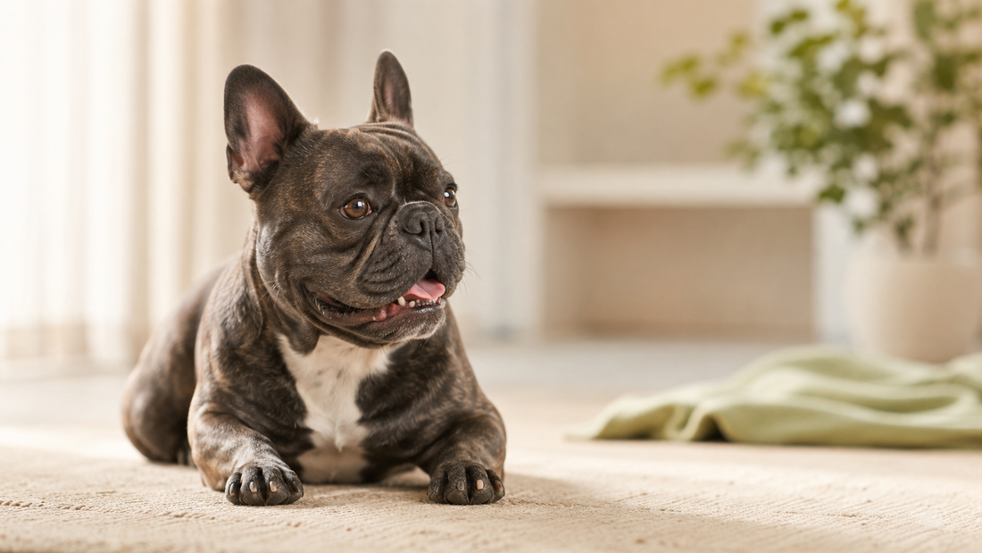 Healthy brindle French Bulldog resting calmly in a warm home, illustrating fishy dog breath and oral-gut health