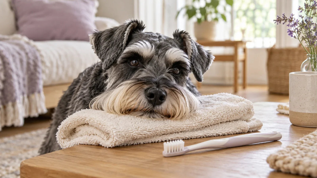 Schnauzer resting its chin on a cream towel near a dog toothbrush.