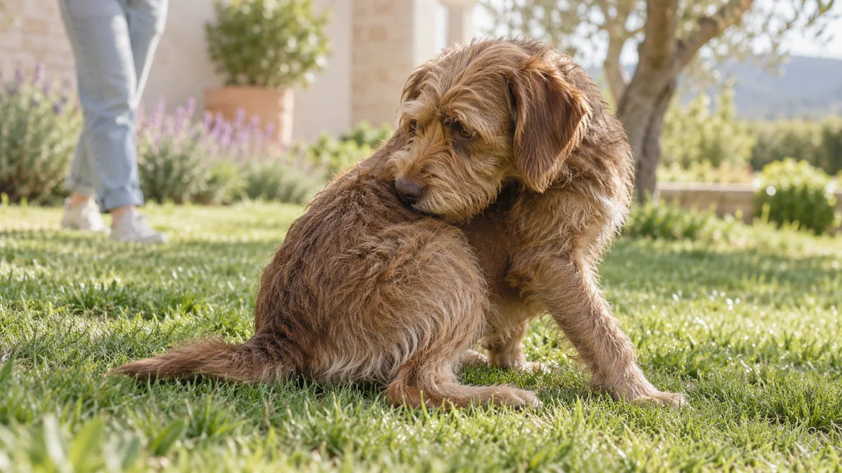 Brown dog looking back toward its flank while sitting on grass.