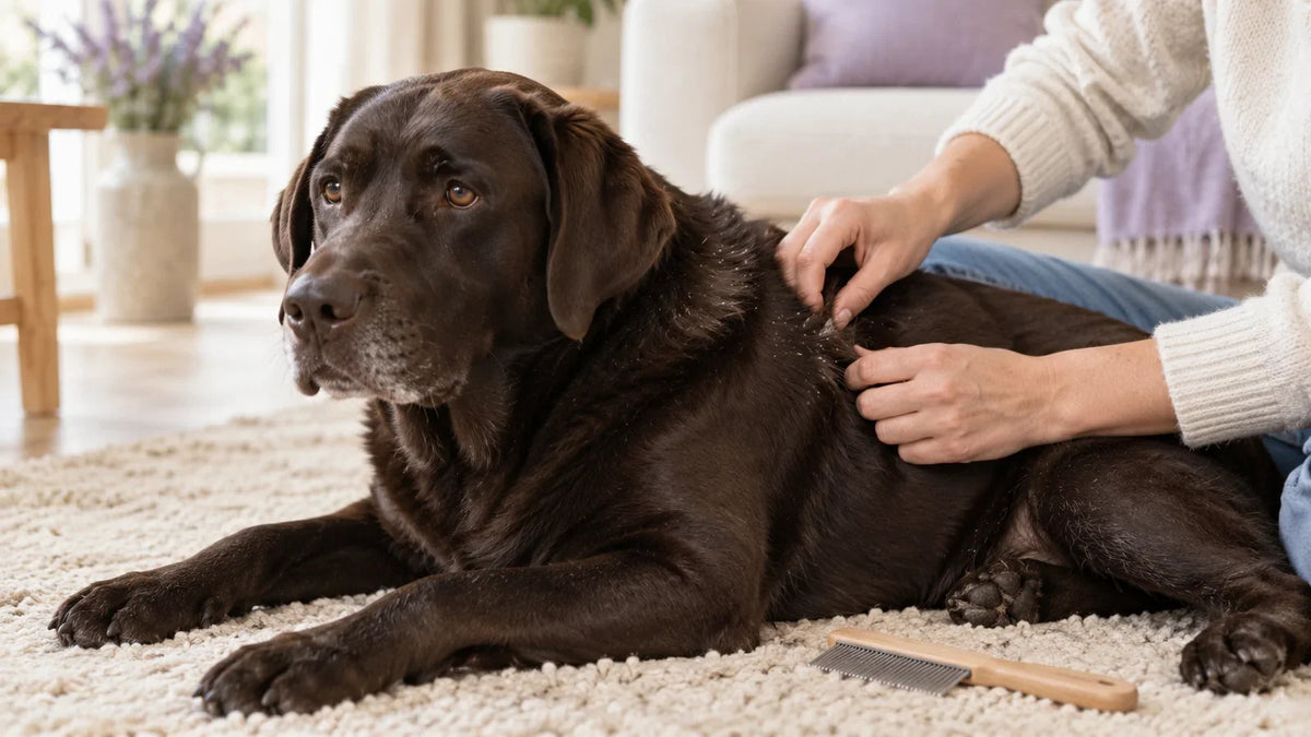 Owner gently parting a dark Labrador’s shoulder fur beside a grooming comb.