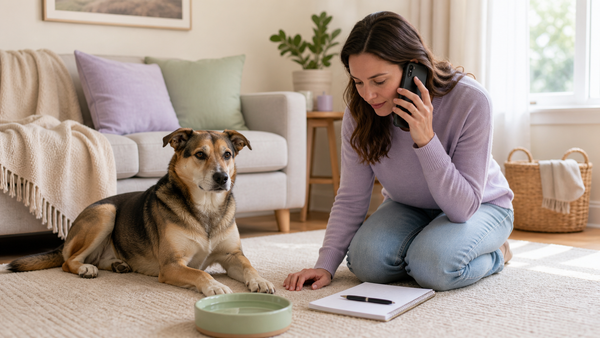 Dog resting beside an owner calling a veterinary clinic with water and a symptom log nearby