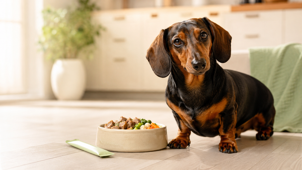 Healthy Dachshund beside a fresh meal in a cream bowl with a Plentum powder sachet, supporting dog digestion and gut health