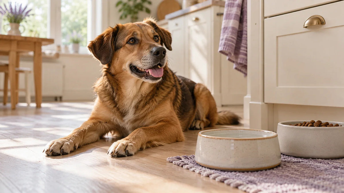 Brown dog resting near clean food and water bowls in a sunlit kitchen.