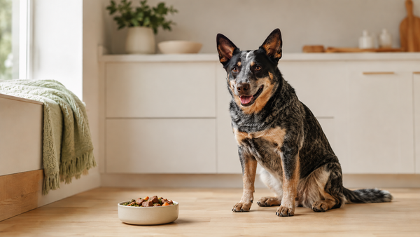 A healthy Australian Cattle Dog sitting calmly beside a fresh bowl of food in a bright kitchen, illustrating dog digestive health supplements