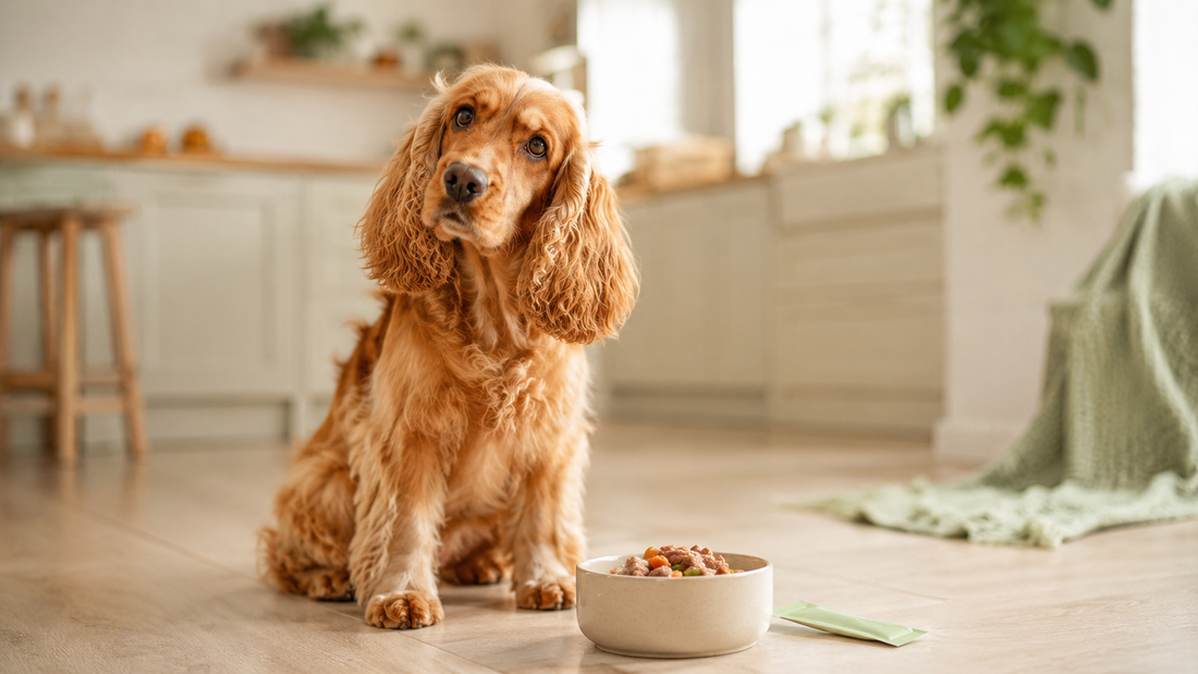 Golden Cocker Spaniel sitting beside a fresh meal bowl in a bright kitchen — dog digestive supplements