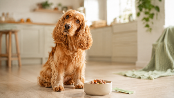 Golden Cocker Spaniel sitting beside a fresh meal bowl in a bright kitchen — dog digestive supplements