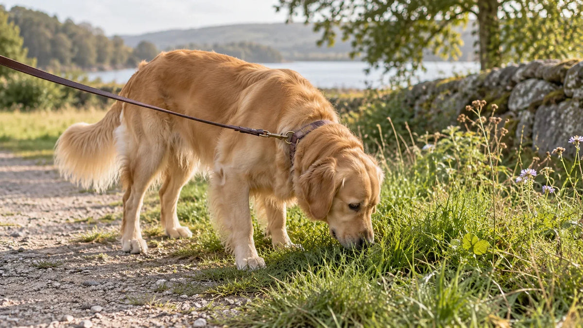 Golden dog sniffing green grass on a leash during a walk.