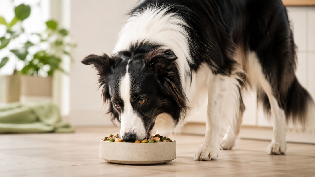 Border Collie eating a fresh wholesome meal from a cream ceramic bowl in a bright kitchen, illustrating dog food toppers
