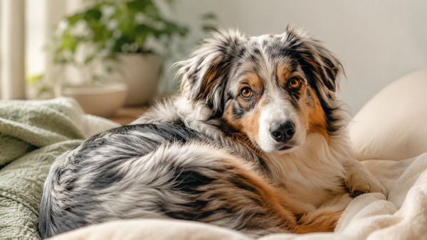 Calm Australian Shepherd curled up resting on a soft blanket in cozy light — the dog gut-brain axis and anxiety