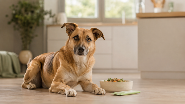 Tan mixed-breed rescue dog beside its food bowl with a fresh meal in a bright kitchen, dog gut health supplement guide