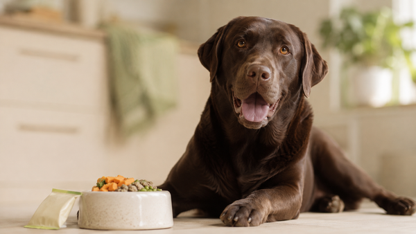 Healthy Chocolate Labrador resting beside a bowl of fresh food in a bright kitchen, illustrating why dog gut health and digestion matter.