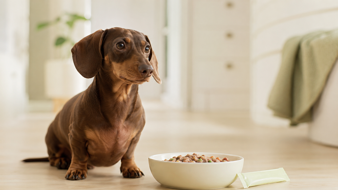 Healthy Dachshund sitting beside a fresh bowl of food and a plain supplement sachet in a bright calm kitchen, illustrating dog gut support supplements