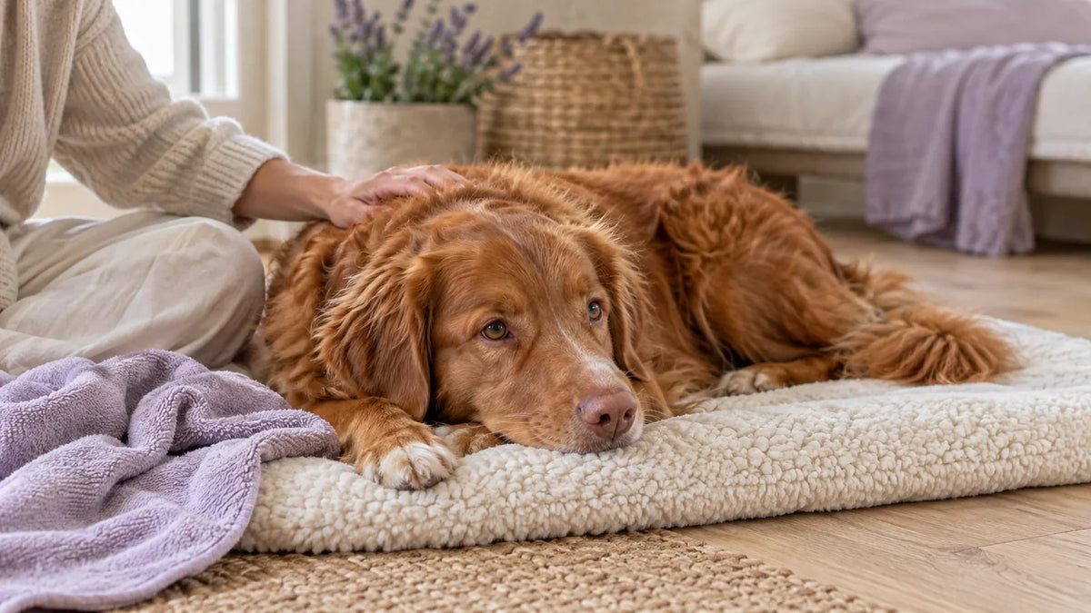 Red dog resting on a cream mat beside a towel and an owner’s hand.
