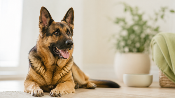Robust healthy German Shepherd resting alert in a warm sunlit home, illustrating immune support supplements for dogs
