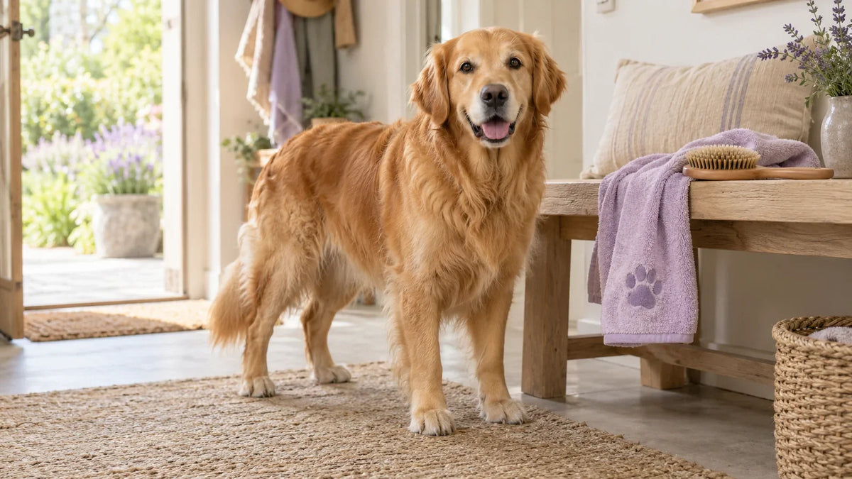 Golden retriever at home beside a grooming brush and soft towel.