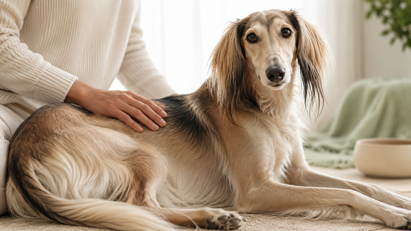 A Saluki with a healthy glossy coat lying relaxed while its owner gently strokes its back, illustrating how dog itching can signal a gut health issue
