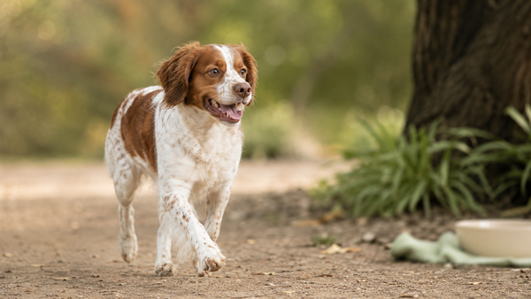 Active Brittany Spaniel trotting on a park path with strong healthy joints, dog joint supplements