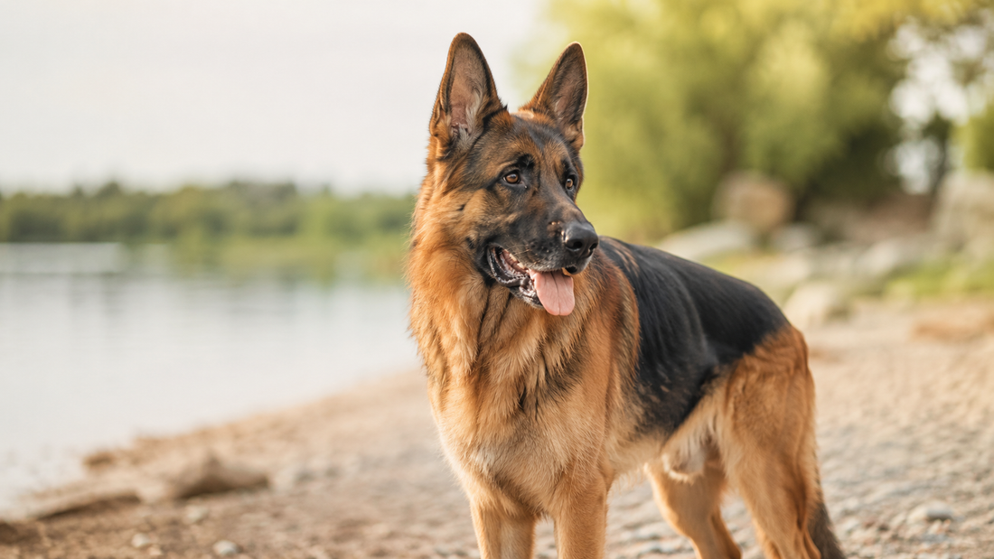 Healthy German Shepherd with a glossy coat standing by a calm lake, illustrating omega-3 supplements for dogs