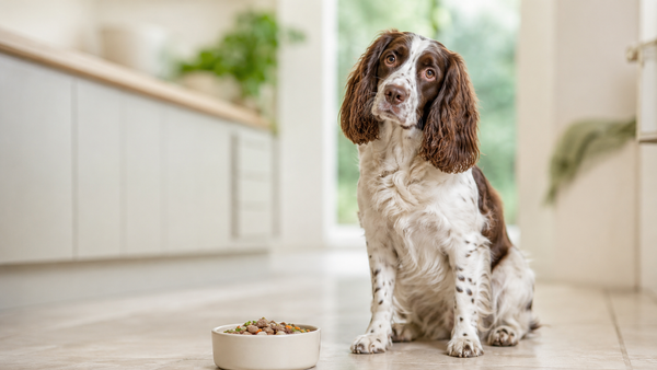 Healthy English Springer Spaniel sitting beside its food bowl in a bright calm kitchen - dog postbiotic supplement buyer's guide