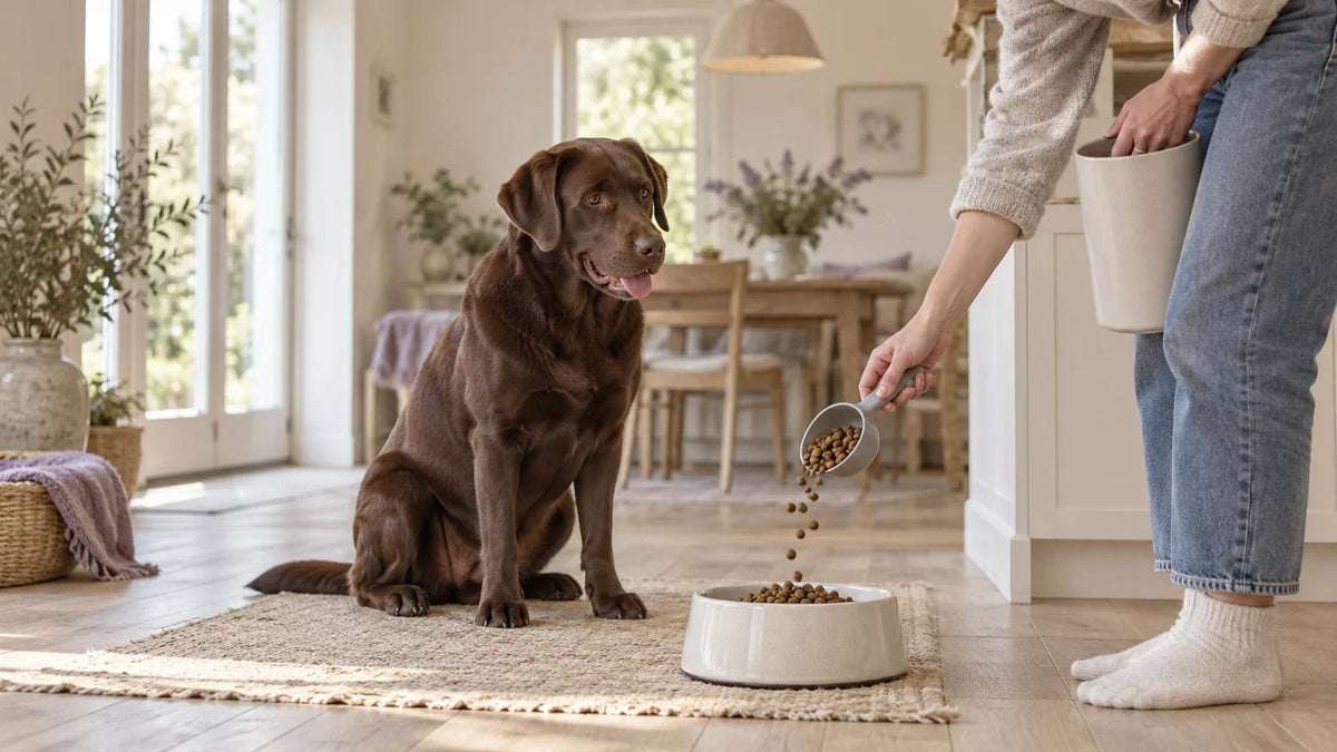 Labrador waiting beside a food bowl while an owner measures dry food.