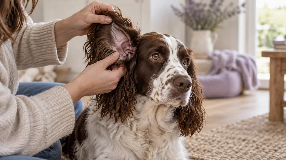 Owner gently lifting a spaniel’s ear flap for a visual look.