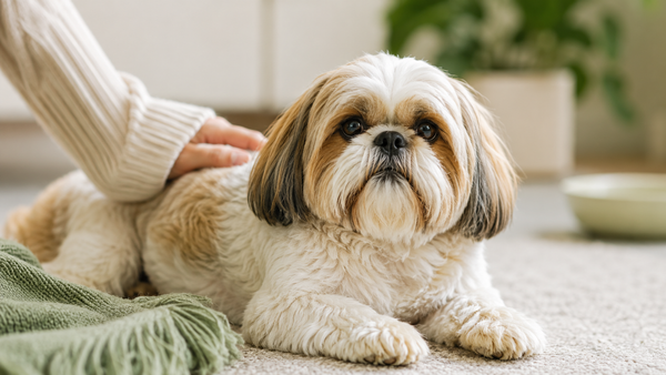 Calm Shih Tzu with a healthy glossy coat resting as its owner gently strokes its back, illustrating relief from dog skin allergies