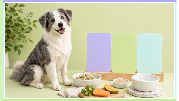 Dog beside bowls and fiber ingredients in Plentum brand colors for a stool-quality chart guide.