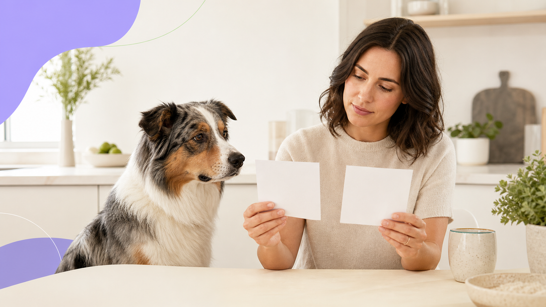 Dog owner comparing supplement ingredient labels beside a calm dog in a bright kitchen
