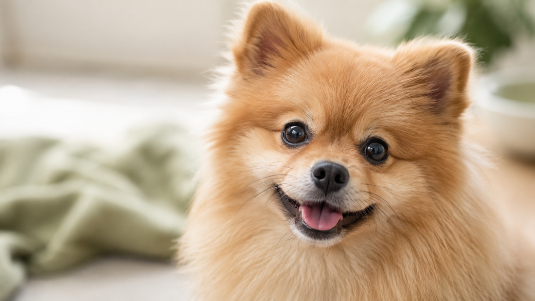 Happy healthy Pomeranian close-up with bright clear eyes — dog tear stains and the gut connection