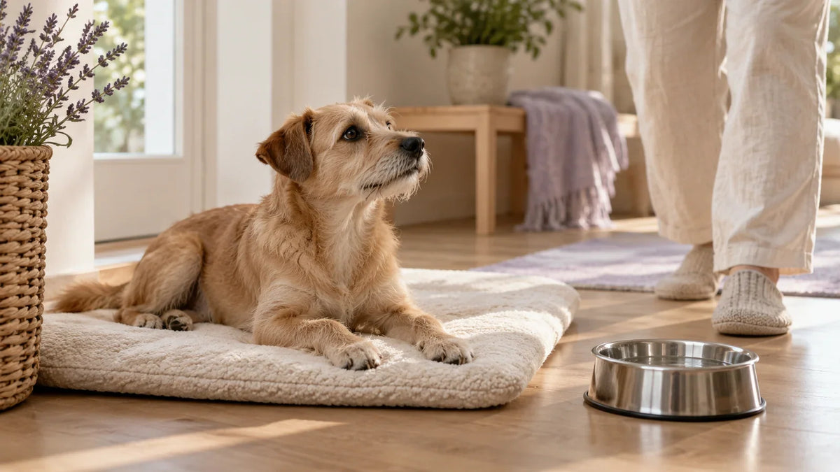 Tan dog resting near a water bowl with an owner sitting nearby.