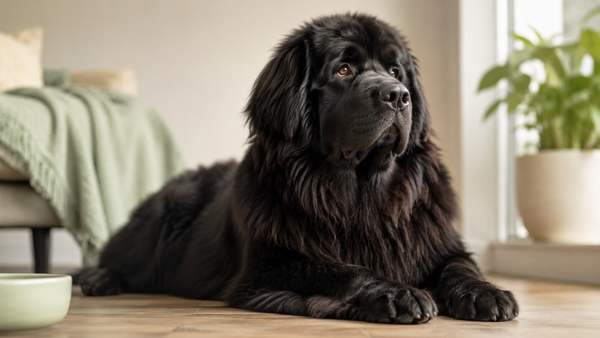 A healthy Newfoundland resting calmly in a warm, sunlit home with a sage throw and green plant — representing daily vitamin and multivitamin support for dogs