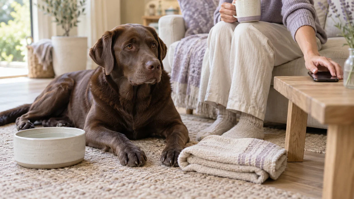 Chocolate Labrador lying beside a folded towel and water bowl at home.