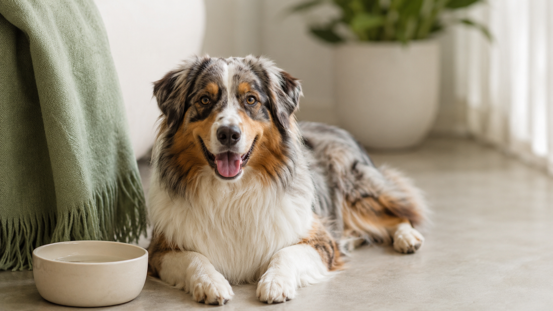 Calm Australian Shepherd resting on a clean floor beside its water bowl, recovering comfortably after dog vomiting yellow bile