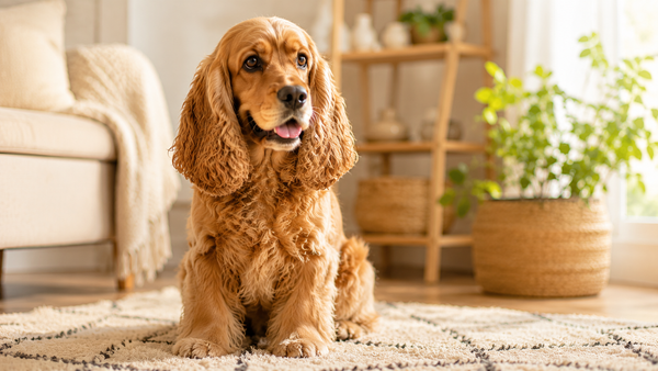 A relaxed cocker spaniel sitting on a cozy living-room rug — dog gut imbalance and skin comfort