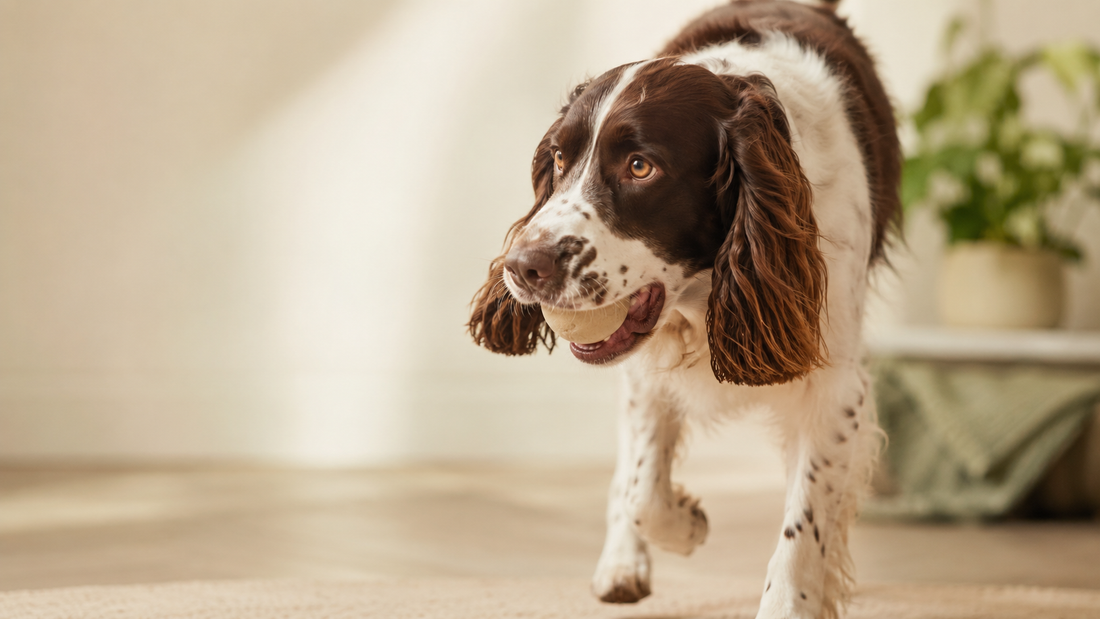 English Springer Spaniel walking on a warm home floor, healthy paws, dry dog paws care guide