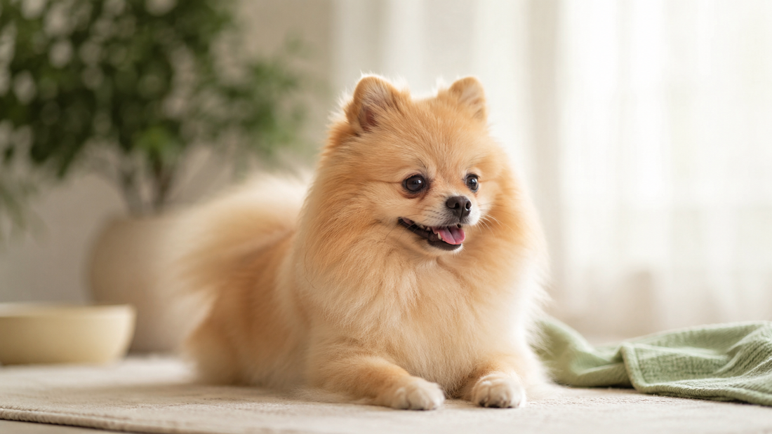 Fluffy Pomeranian resting calmly in a warm bright home, illustrating how a dog's allergies may be linked to gut health and supplements
