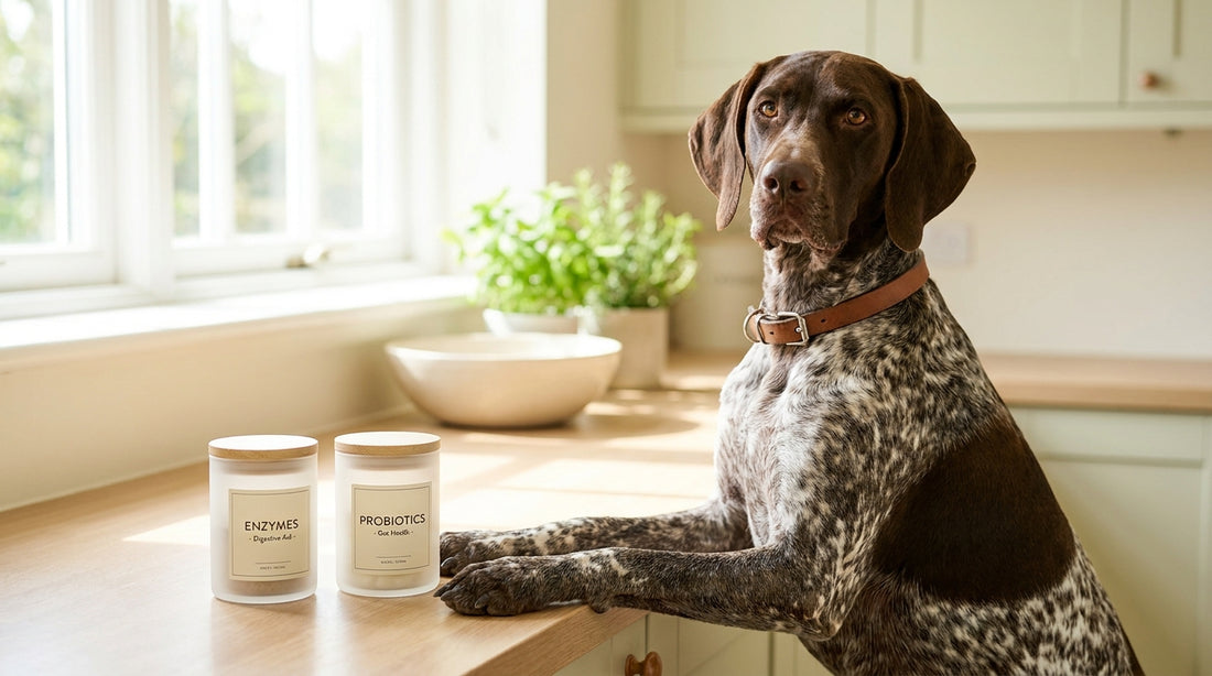 German shorthaired pointer beside enzyme and probiotic containers
