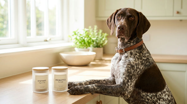 German shorthaired pointer beside enzyme and probiotic containers