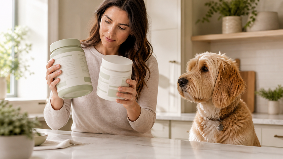 Dog owner comparing two unbranded wellness product labels while her dog watches